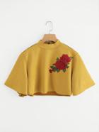 Romwe Rose Embroidered Applique Zip Up Back Crop Top