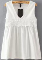 Romwe V Neck With Lace White Tank Top