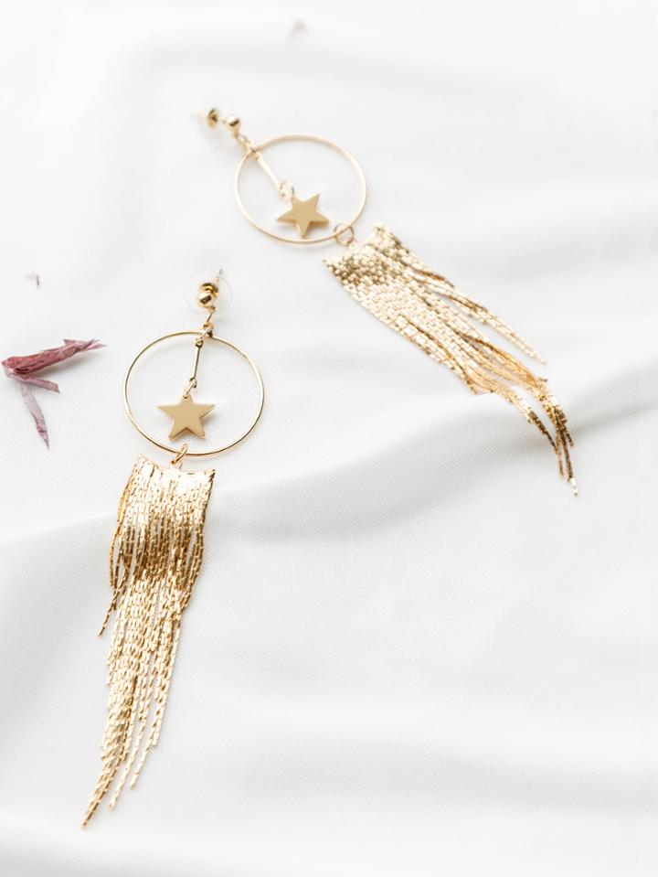 Romwe Gold Star And Tassel Earrings