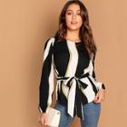 Romwe Self Belted Striped Blouse
