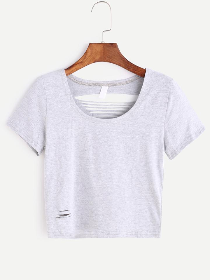 Romwe Grey Ripped Crop T-shirt