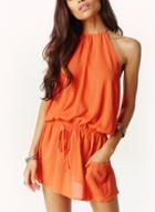 Romwe Orange Auburn Halter Lace Up Backless Blouson Dress