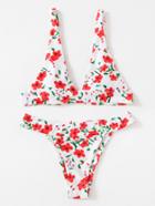 Romwe Calico Print Plunge Neck Triangle Bikini Set