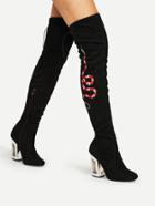 Romwe Snake Embroidery Lace Up Back Over Knee Boots