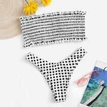 Romwe Gingham Smocked Bandeau With High Cut Bikini