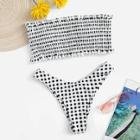 Romwe Gingham Smocked Bandeau With High Cut Bikini