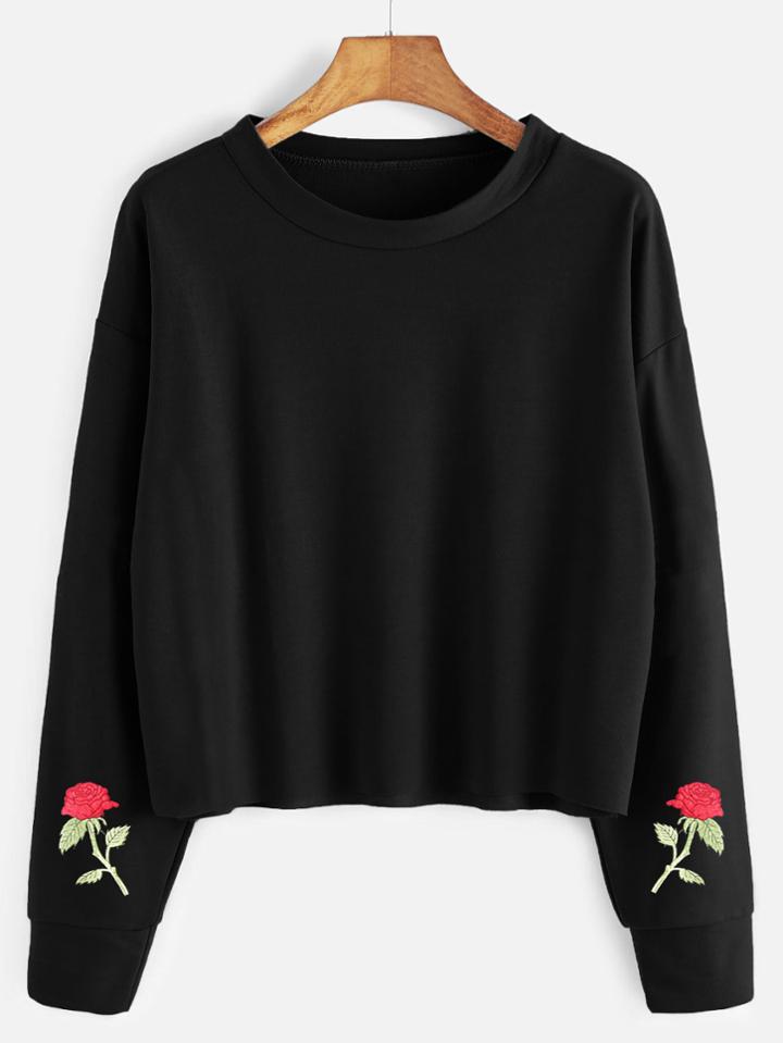 Romwe Drop Shoulder Rose Embroidered Raw Hem Sweatshirt