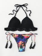 Romwe Palm Tree Print Tassel Tie Crochet Bikini Set