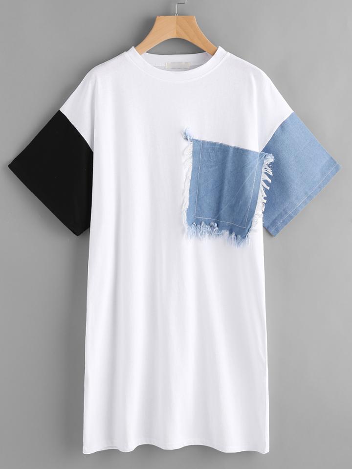 Romwe Contrast Sleeve Patch Pocket Tee Dress