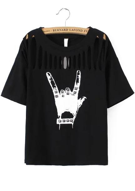 Romwe With Rivet Hand Print Hollow Black T-shirt