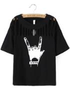 Romwe With Rivet Hand Print Hollow Black T-shirt