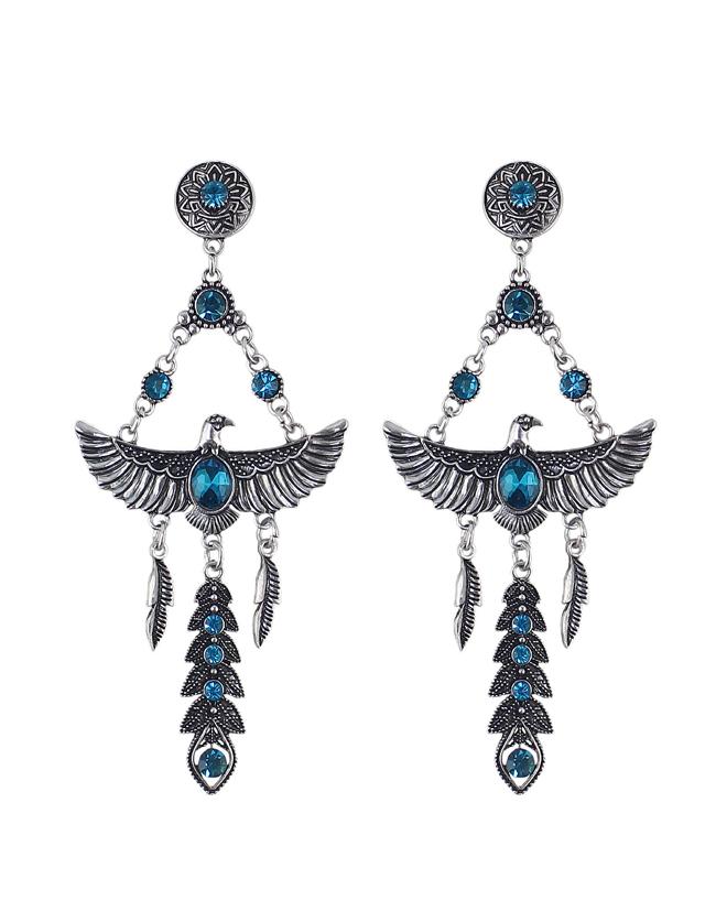 Romwe Vintage Style Blue Rhinestone Eagle Shape Long Earrings Woman