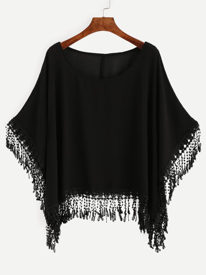 Romwe Black Fringe Lace Trim Poncho Blouse