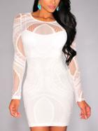 Romwe White Lace Mesh Yoke Sleeve Bodycon Dress