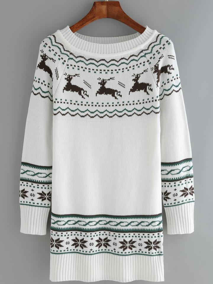 Romwe Deer Snowflake Print Long White Sweater