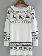 Romwe Deer Snowflake Print Long White Sweater