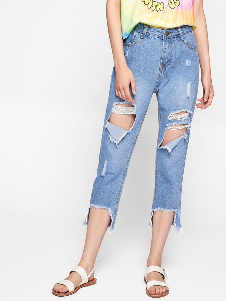 Romwe Raw Hem Destroyed Crop Jeans