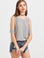 Romwe Grey Marled Knit Cold Shoulder T-shirt
