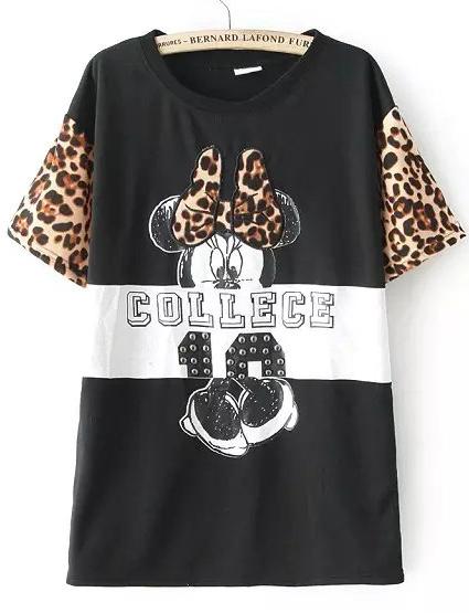 Romwe Contrast Leopard Mickey Print Black T-shirt