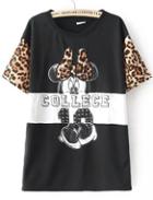 Romwe Contrast Leopard Mickey Print Black T-shirt
