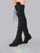 Romwe Lace Up Flat Suede Boots Black