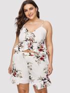 Romwe Floral Print Ruffle Hem Cami Top With Shorts