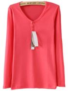 Romwe V Neck Buttons Melon T-shirt