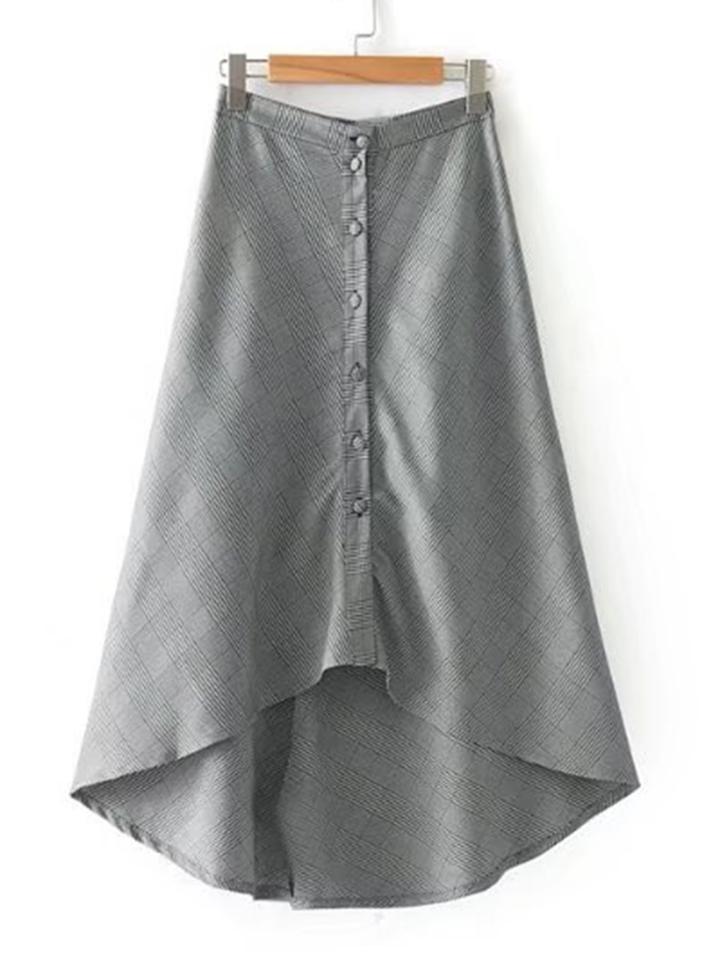 Romwe Button Up Dip Hem Glen Skirt