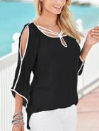 Romwe Contrast Binding Slit Sleeve Strappy Blouse - Black