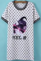 Romwe Cat Print Polka Dot Shift White Dress