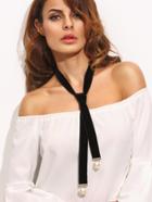 Romwe Black Faux Pearl Embellished Velvet Neck Tie