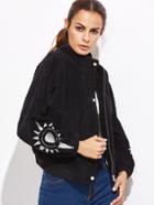 Romwe Black Corduroy Drop Shoulder Sleeve Embroidered Zipper Jacket