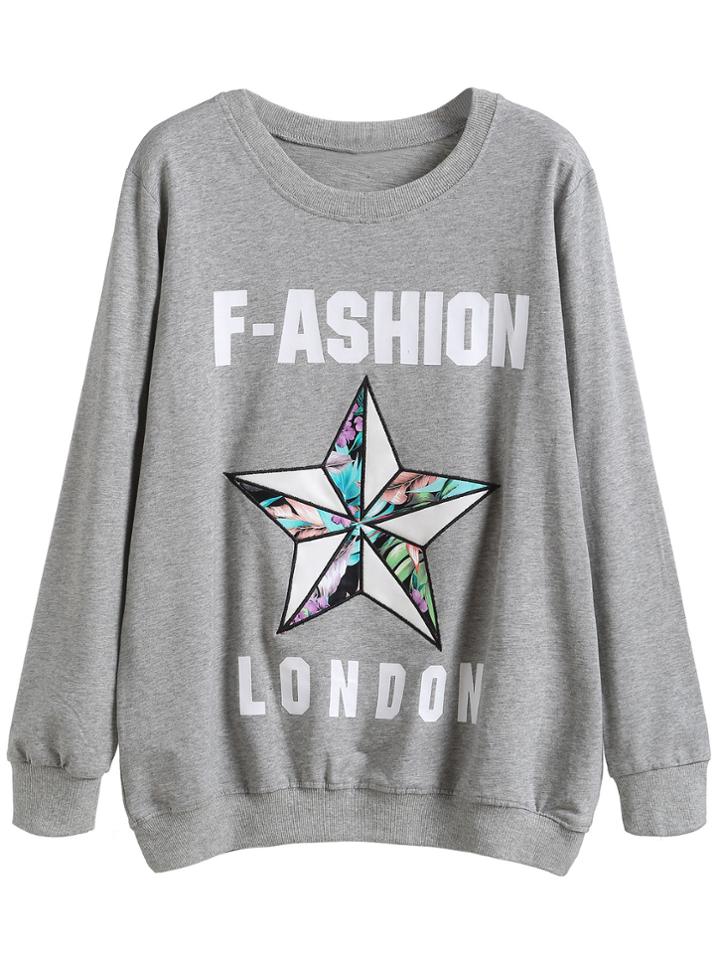 Romwe Light Grey Letter Print Star Embroidered Sweatshirt