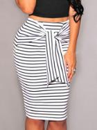 Romwe White Striped Tie Waist Pencil Skirt