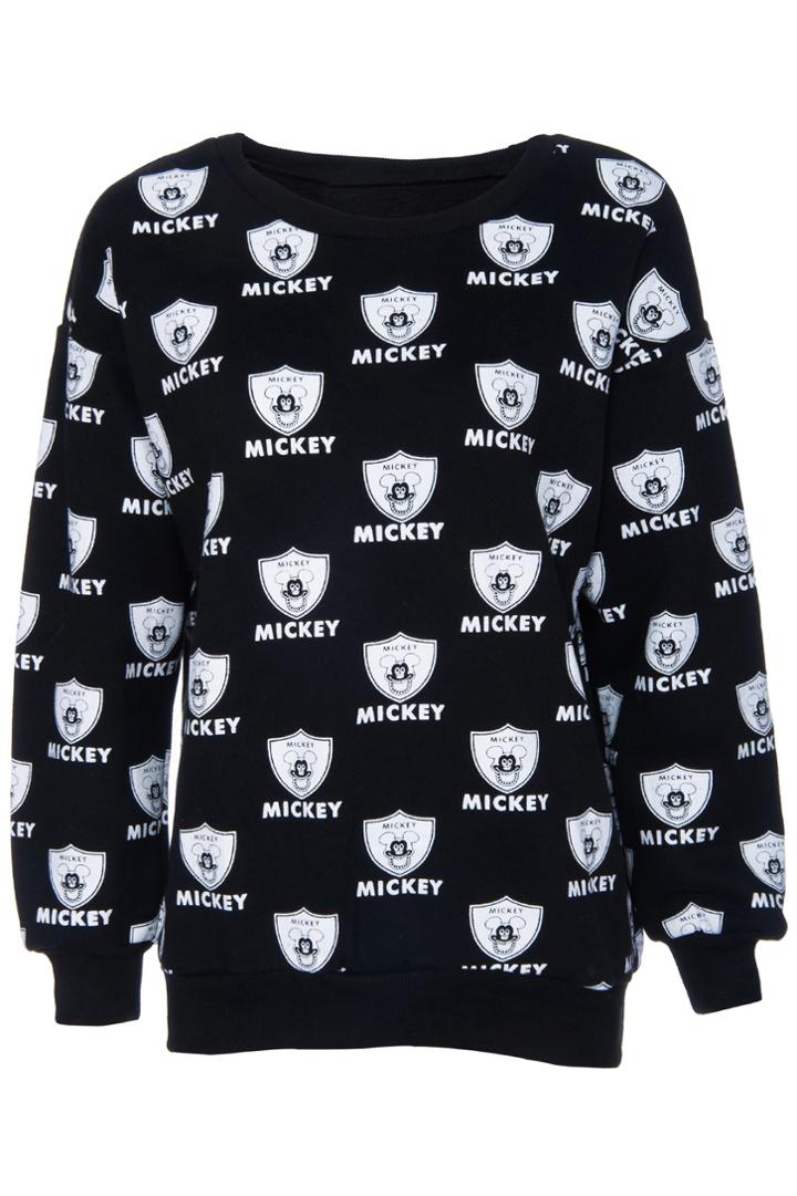 Romwe Romwe Mickey Badge Print Long-sleeved Black Sweatshirt