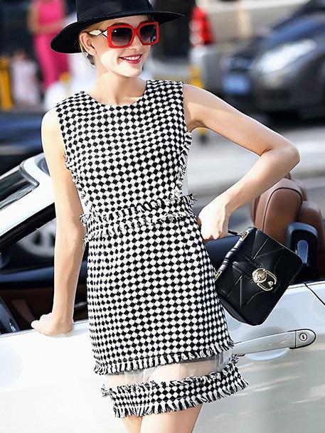 Romwe Black Round Neck Sleeveless Contrast Gauze Check Print Dress