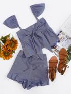 Romwe Ruffle Strap Tie Back Checkered Top And Shorts Set