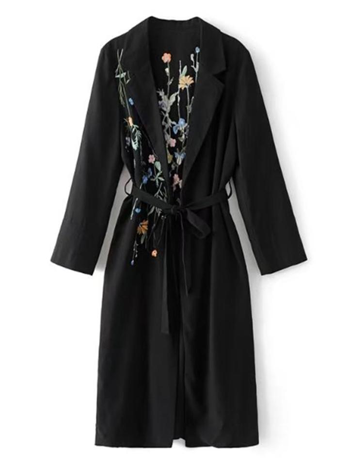Romwe Embroidered Back Self Tie Longline Trench Coat
