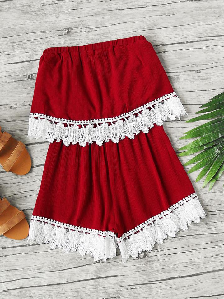 Romwe Strapless Layered Lace Trim Pleated Romper