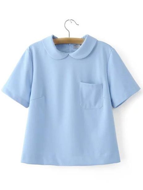 Romwe Blue Peter Pan Collar Zipper Back Short Sleeve Blouse