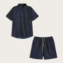 Romwe Guys Polka Dot Curved Hem Shirt With Bermuda Shorts