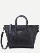 Romwe Black Embossed Pu Front Zipper Tote Bag With Strap