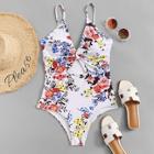 Romwe Plus Cut-out Twist Floral Swimsuit