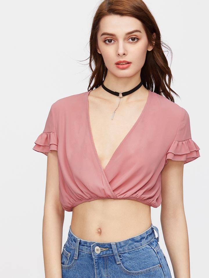 Romwe Surplice Front Elastic Hem Ruffle Sleeve Crop Top