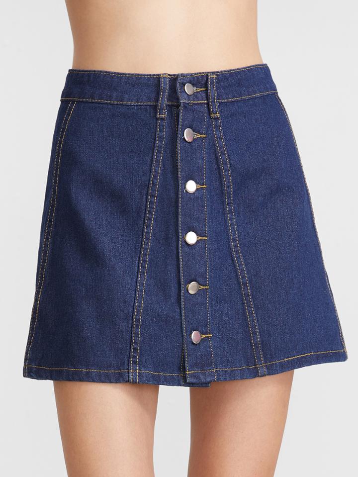 Romwe Deep Blue Single Breasted A Line Denim Skirt
