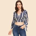 Romwe Split Sleeve Knot Cuff Striped Blouse