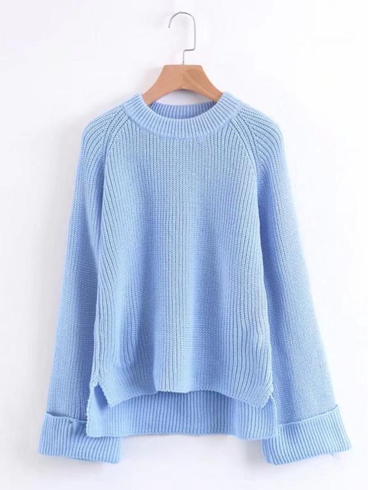 Romwe High Low Raglan Sleeve Cuffed Sweater