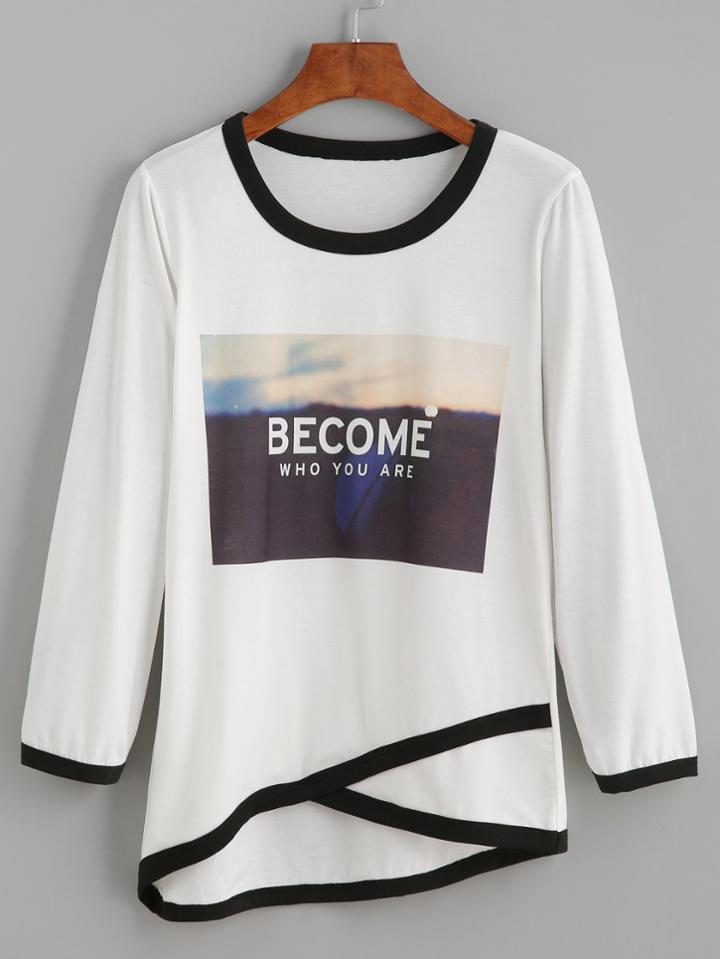 Romwe White Contrast Trim Letter Print Asymmetrical T-shirt