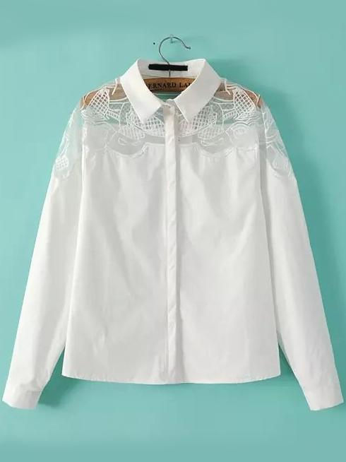 Romwe Lapel Organza Paneled Embroidered White Blouse