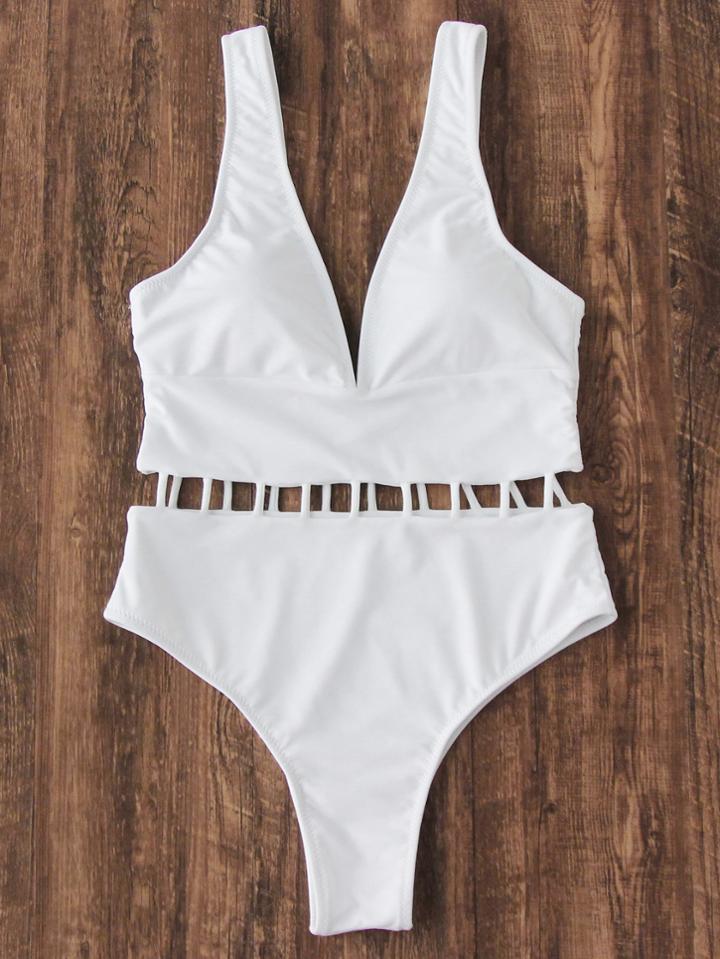 Romwe Deep V Neck Ladder Strap Swimsuit